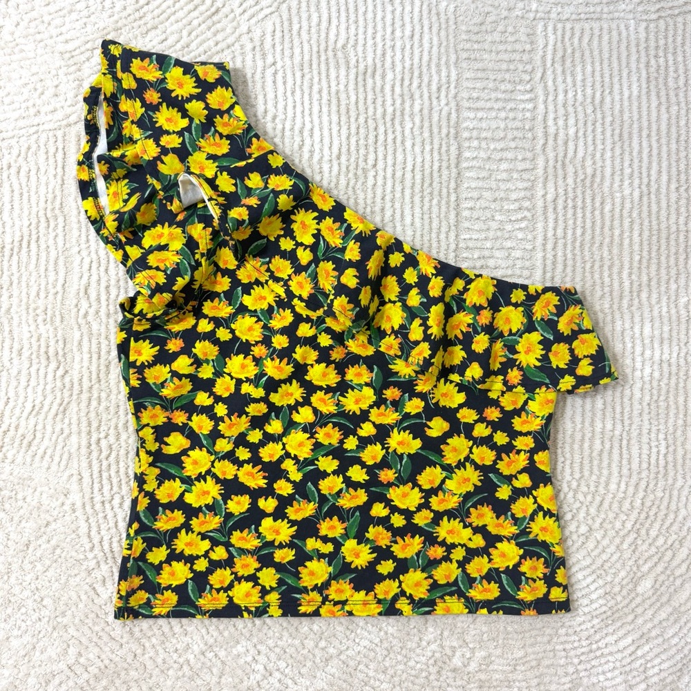 NWT Anthropologie Maeve One Shoulder Ruffled Top Yellow Floral Size Medium - Picture 7 of 10
